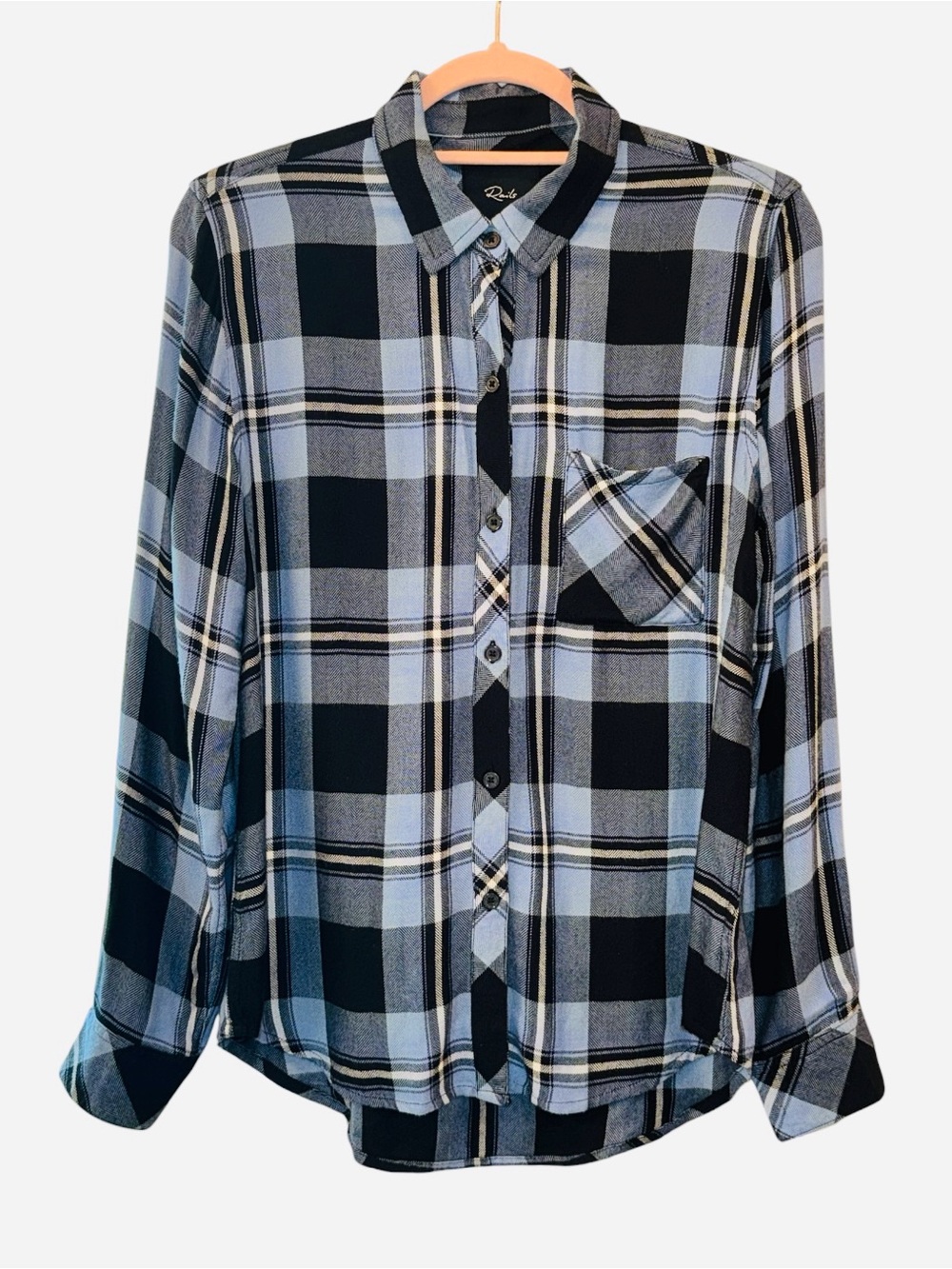Rails Hunter Plaid Button Down Shirt Current Onyx White 100% Rayon Size S